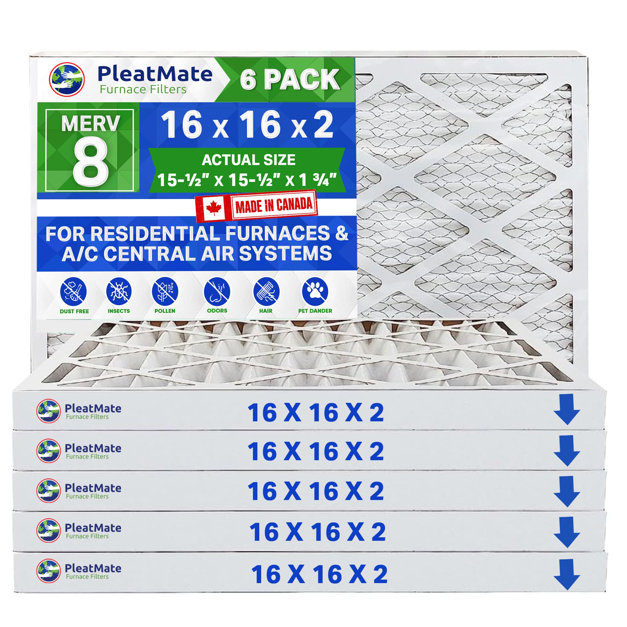 16x16x2 Furnace Filter MERV 8 Pleated Filters. Case of 6 - MADE IN CANADA by FurnaceFilters.Ca