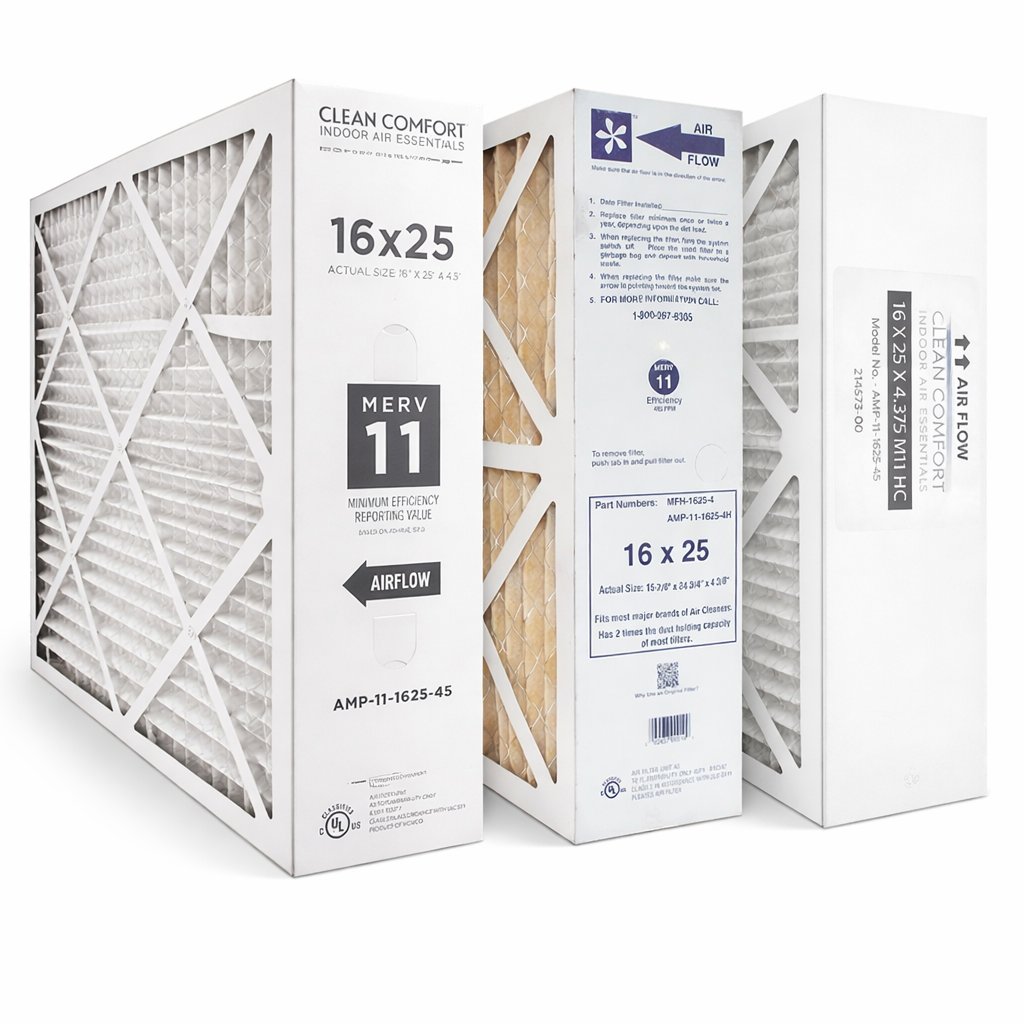 Clean Comfort 16x25 MERV 11 Part # AMP-11-1625-45. Actual Size Written on Filter 16