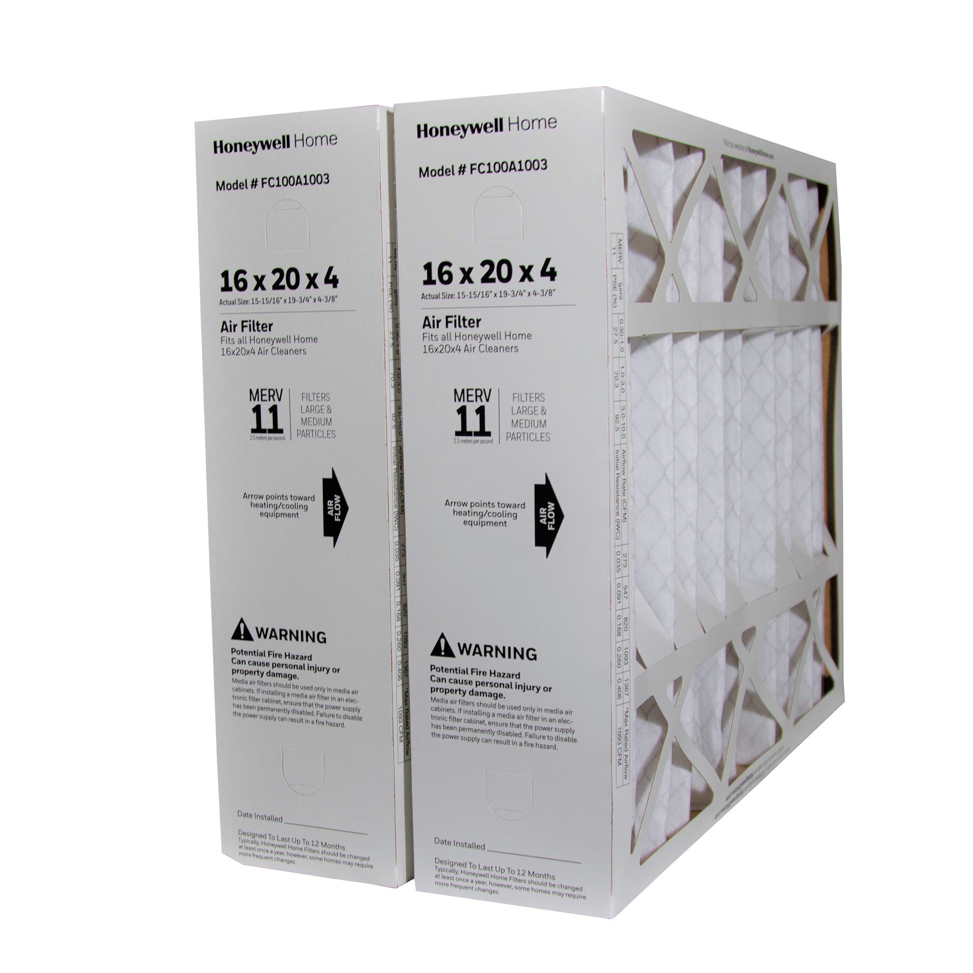 Honeywell 16x20x4 Furnace Filter Part # FC100A1003 MERV 11. Package of 2