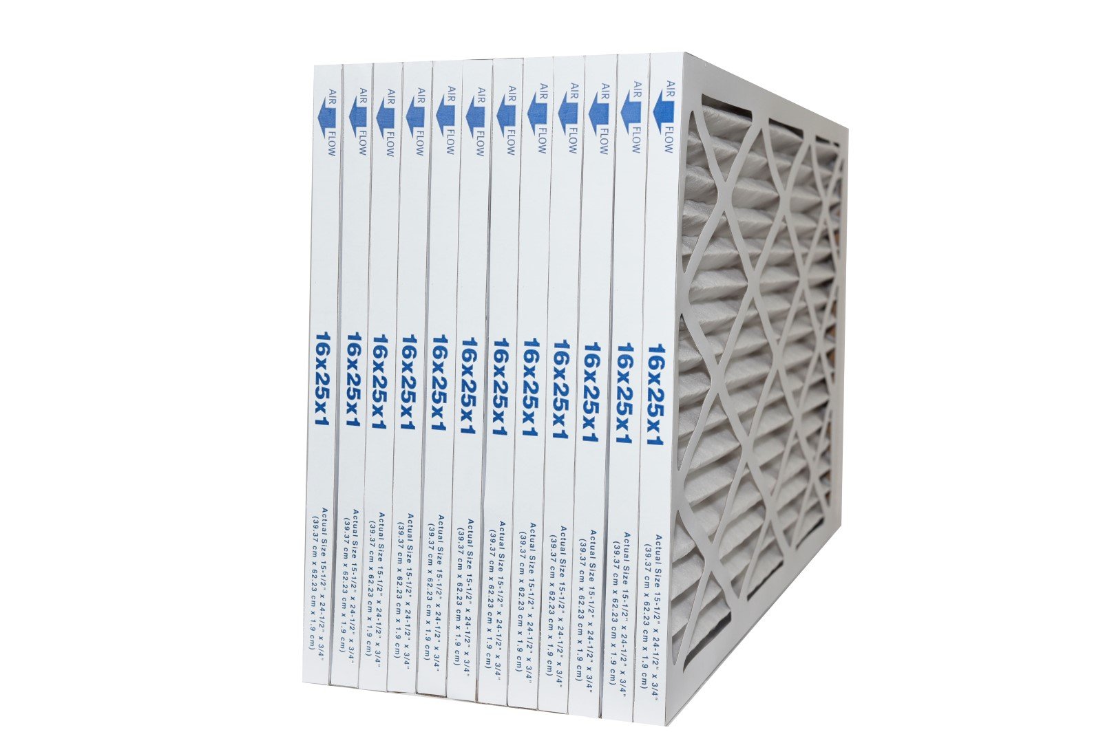 16x25x1 MERV 13 Furnace Air Filter, Pleated Material. Case of 12