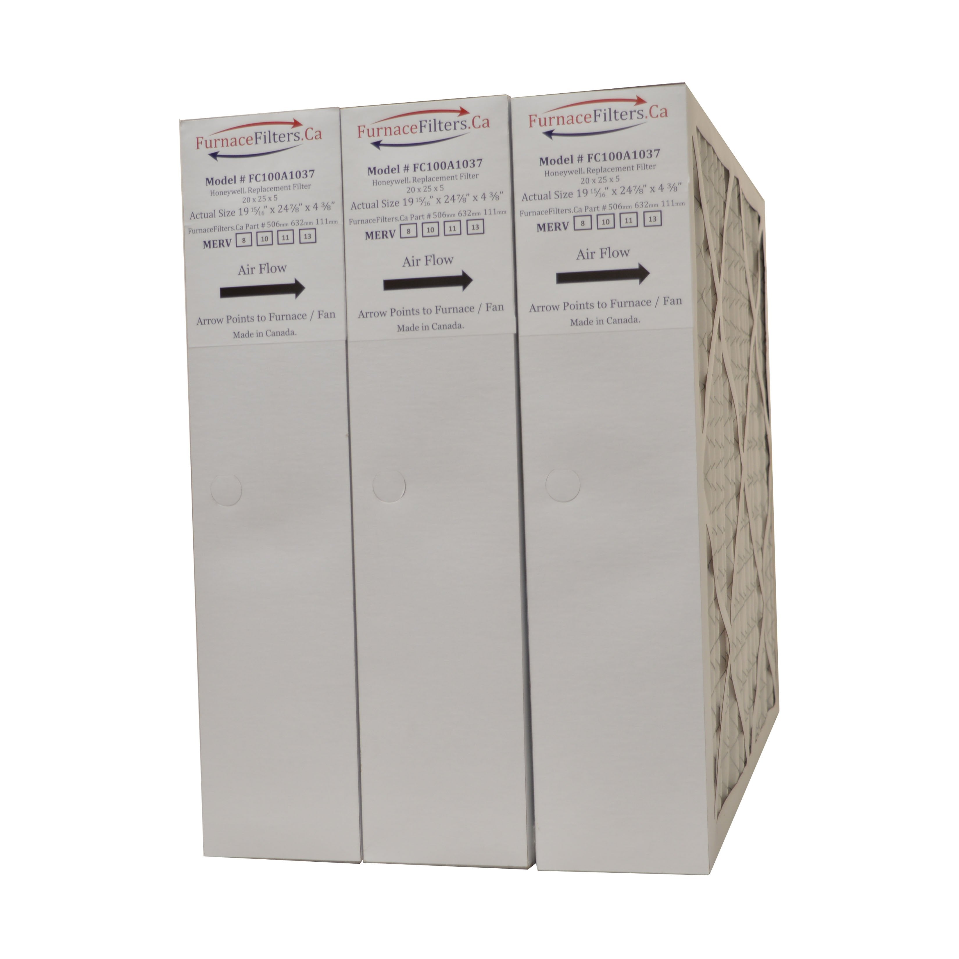 Honeywell 20x25x4 Furnace Filter Model # FC100A1037 MERV 13. Actual Size 19 15/16 x 24 7/8 x 4 3/8. Made in Canada by Furnace Filters.Ca Pkg. of 3