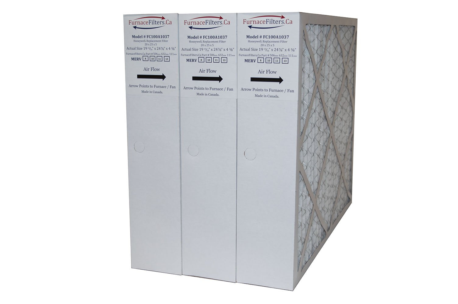 Honeywell 20x25x4 Furnace Filter Model # FC100A1037 MERV 11. Actual Size 19 15/16 x 24 7/8 x 4 3/8. Made in Canada by Furnace Filters.Ca Pkg. of 3